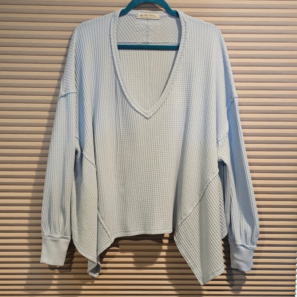 We The Free Free People‎ Light Blue Waffle Knit V-Neck Thermal Top S OB1753675